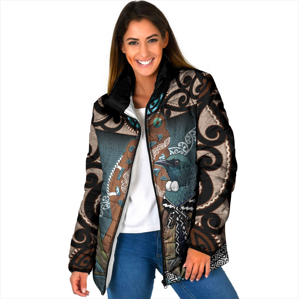 New Zealand Tui Bird Maripi Padded Jacket Maori Weapon Kowhaiwhai Pattern LT22 Women Slate Blue - Polynesian Pride