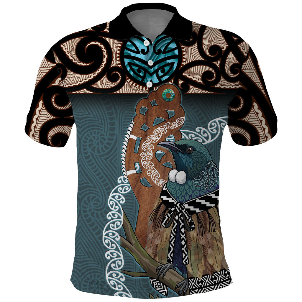 New Zealand Tui Bird Maripi Polo Shirt Maori Weapon Kowhaiwhai Pattern LT22 Slate Blue - Polynesian Pride
