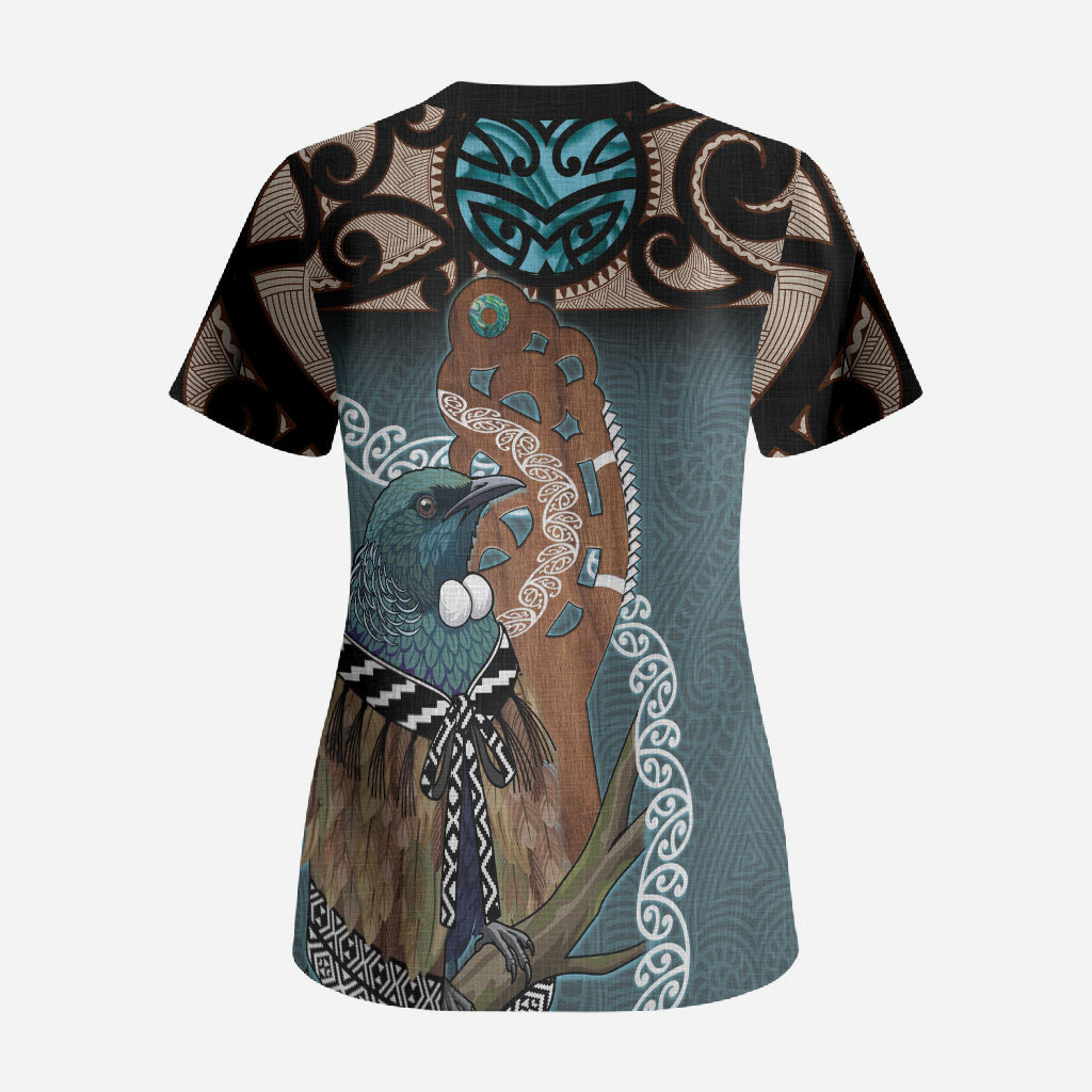New Zealand Tui Bird Maripi Scrub Top Maori Weapon Kowhaiwhai Pattern LT22 - Polynesian Pride