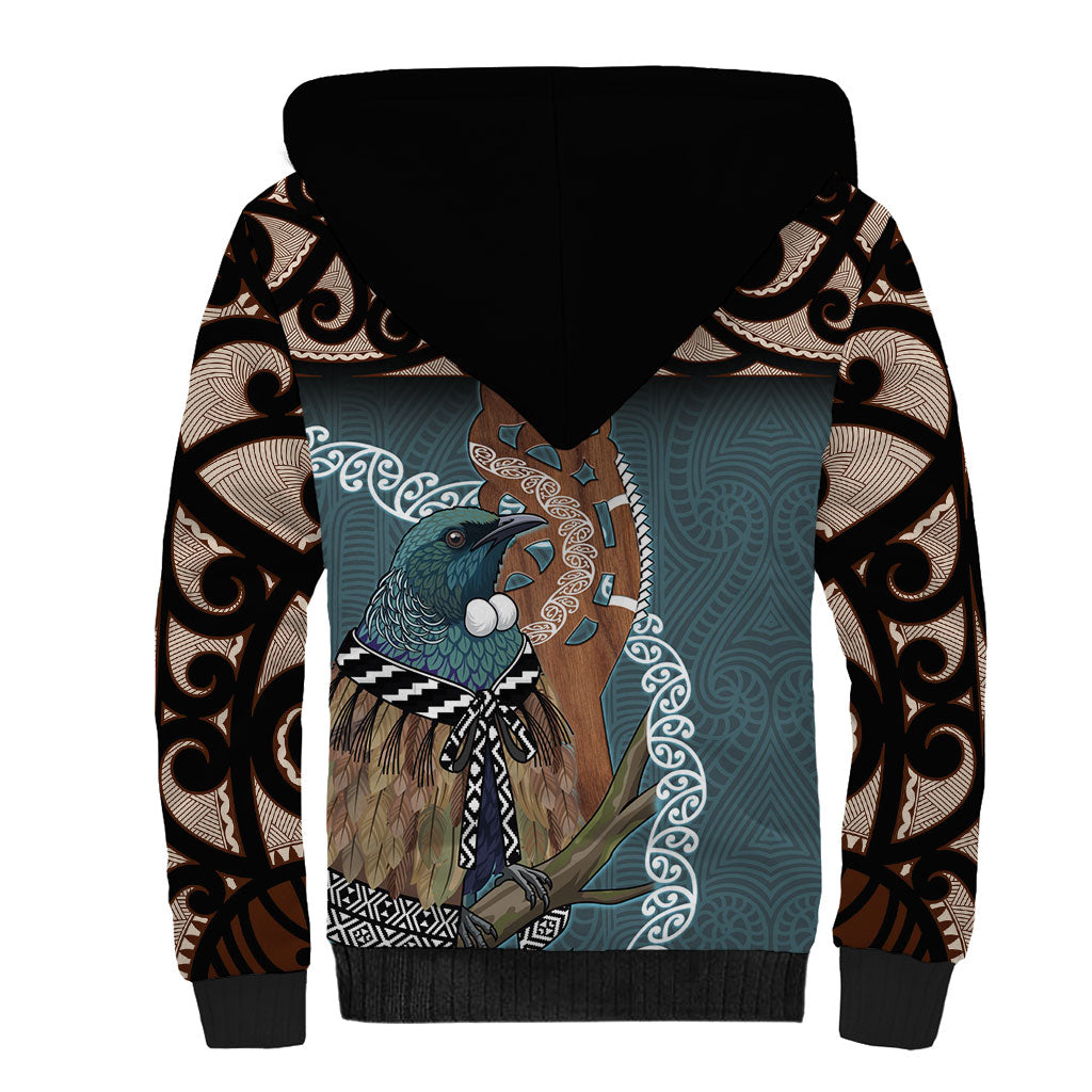 New Zealand Tui Bird Maripi Sherpa Hoodie Maori Weapon Kowhaiwhai Pattern LT22 - Polynesian Pride