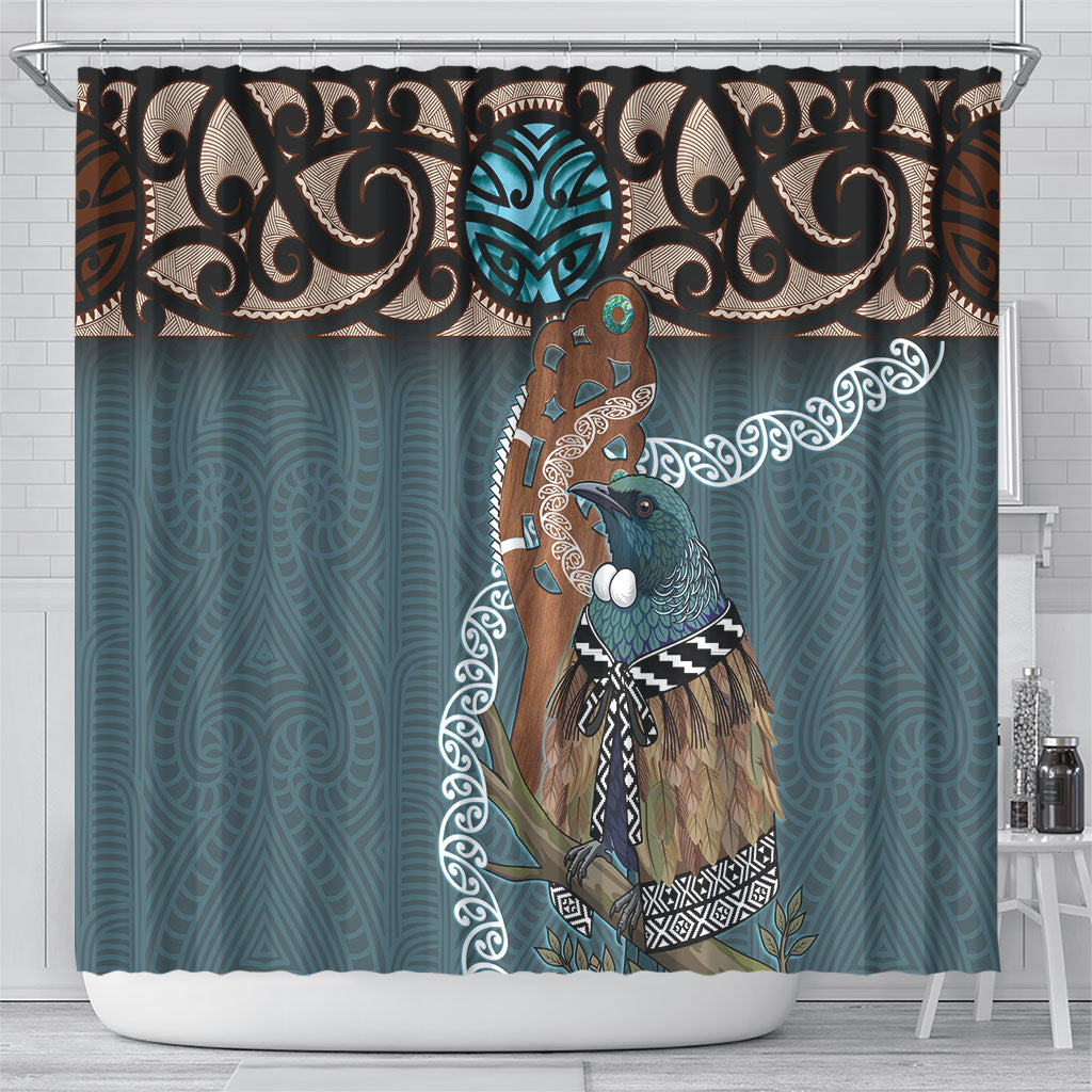 New Zealand Tui Bird Maripi Shower Curtain Maori Weapon Kowhaiwhai Pattern LT22 - Polynesian Pride