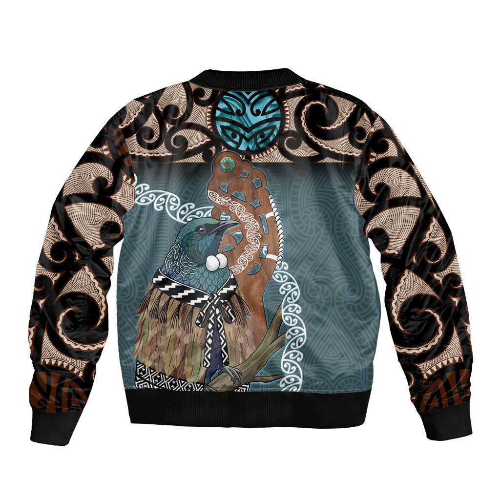 New Zealand Tui Bird Maripi Sleeve Zip Bomber Jacket Maori Weapon Kowhaiwhai Pattern LT22 - Polynesian Pride