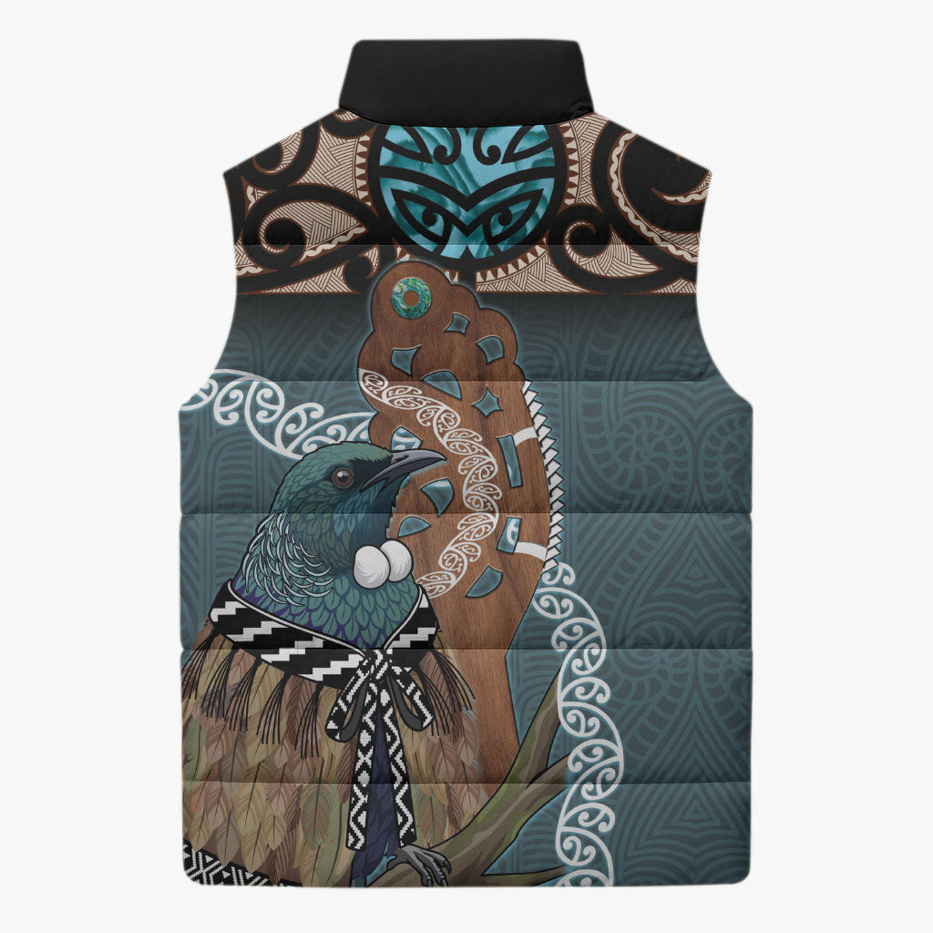 New Zealand Tui Bird Maripi Sleeveless Puffer Jacket Maori Weapon Kowhaiwhai Pattern LT22 - Polynesian Pride