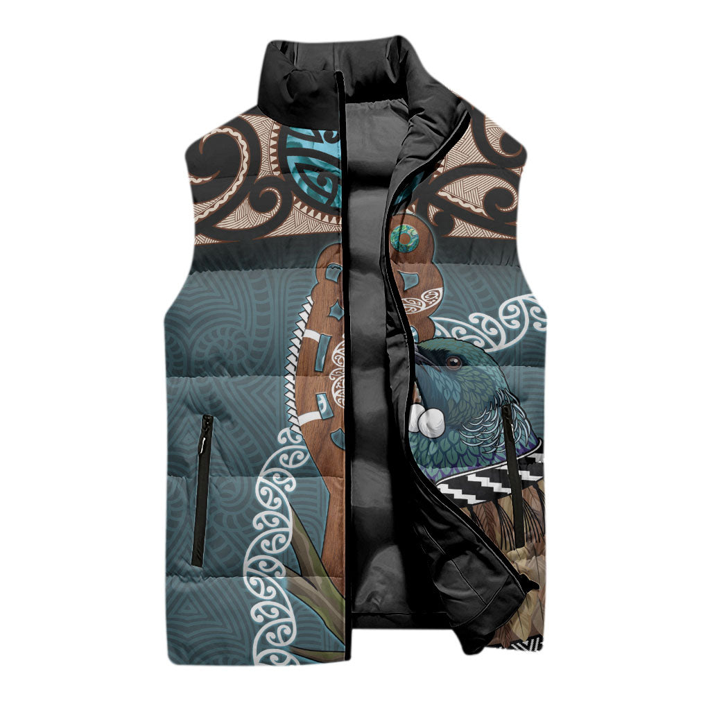 New Zealand Tui Bird Maripi Sleeveless Puffer Jacket Maori Weapon Kowhaiwhai Pattern LT22 - Polynesian Pride