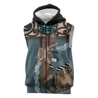 New Zealand Tui Bird Maripi Sleeveless Zip Hoodie Maori Weapon Kowhaiwhai Pattern LT22 Slate Blue - Polynesian Pride