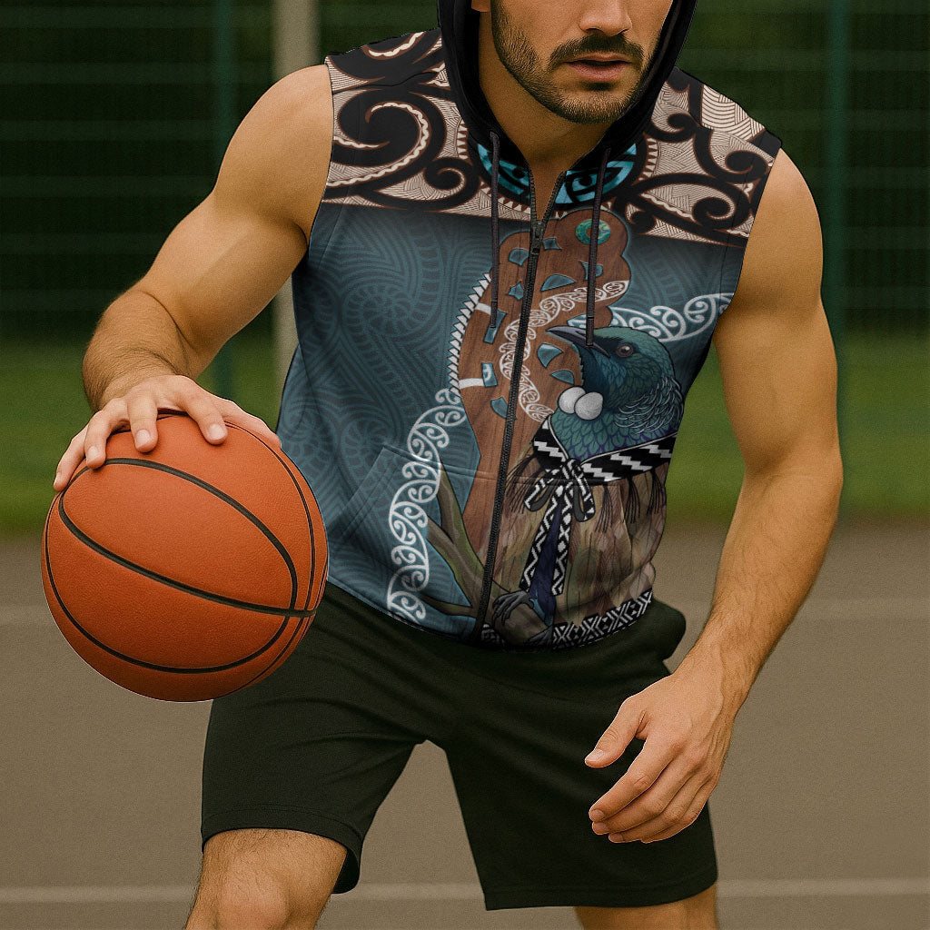 New Zealand Tui Bird Maripi Sleeveless Zip Hoodie Maori Weapon Kowhaiwhai Pattern LT22 - Polynesian Pride