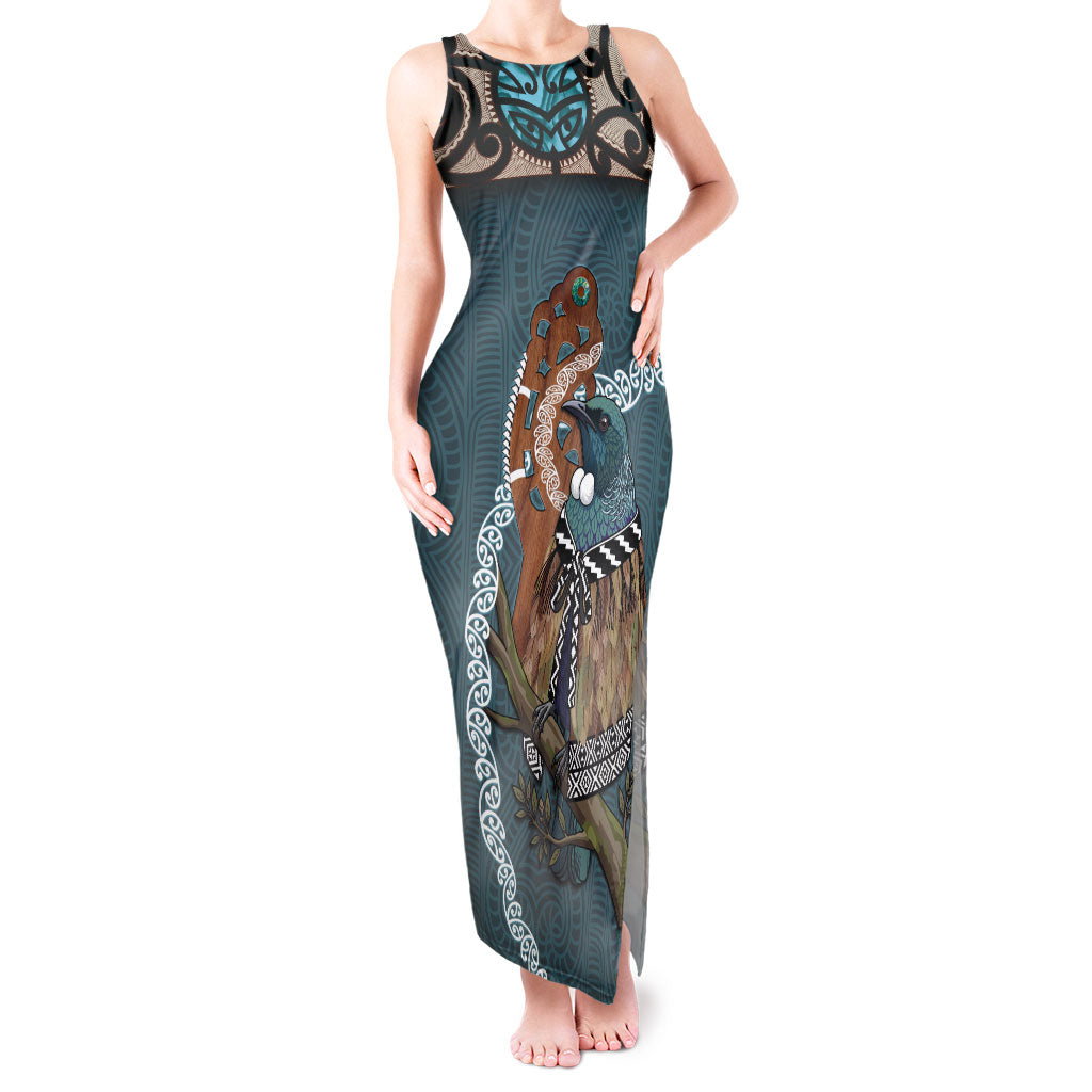 New Zealand Tui Bird Maripi Tank Maxi Dress Maori Weapon Kowhaiwhai Pattern LT22 Women Slate Blue - Polynesian Pride