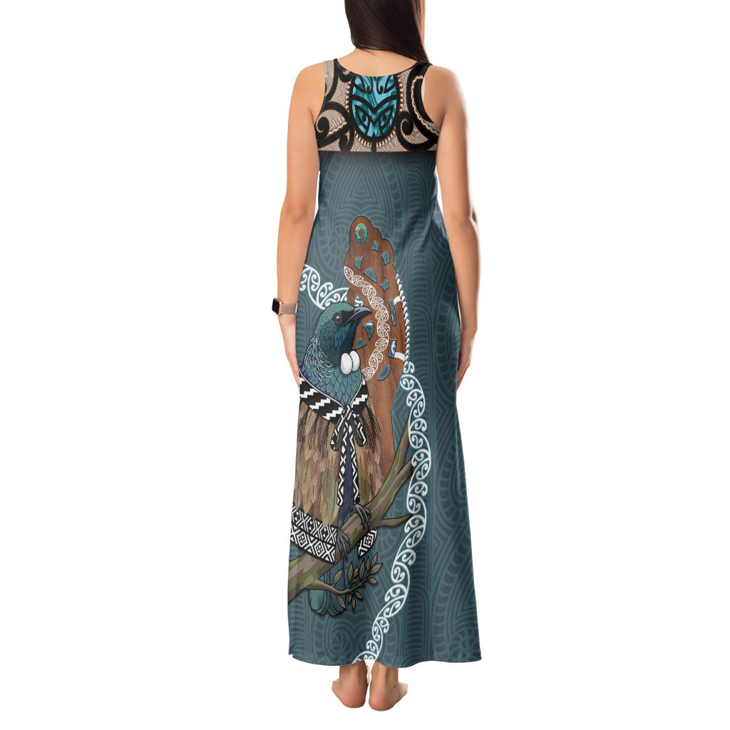 New Zealand Tui Bird Maripi Tank Maxi Dress Maori Weapon Kowhaiwhai Pattern LT22 - Polynesian Pride