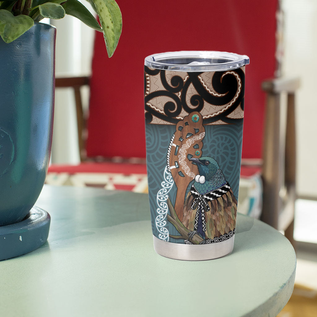 New Zealand Tui Bird Maripi Tumbler Cup Maori Weapon Kowhaiwhai Pattern LT22 - Polynesian Pride