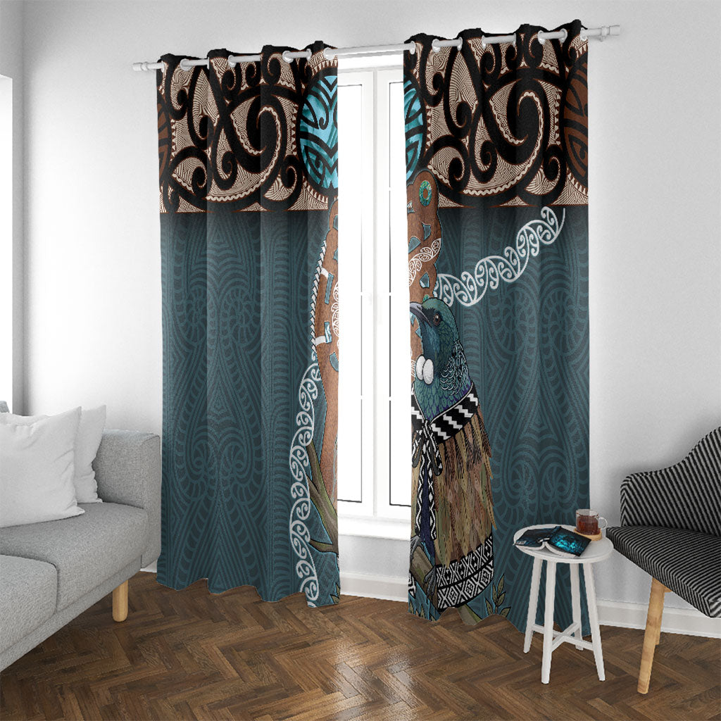 New Zealand Tui Bird Maripi Window Curtain Maori Weapon Kowhaiwhai Pattern LT22 With Grommets Slate Blue - Polynesian Pride