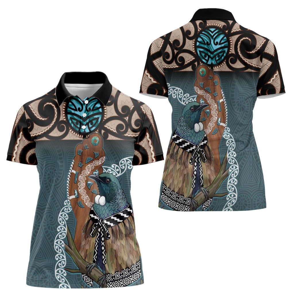New Zealand Tui Bird Maripi Women Polo Shirt Maori Weapon Kowhaiwhai Pattern LT22 - Polynesian Pride