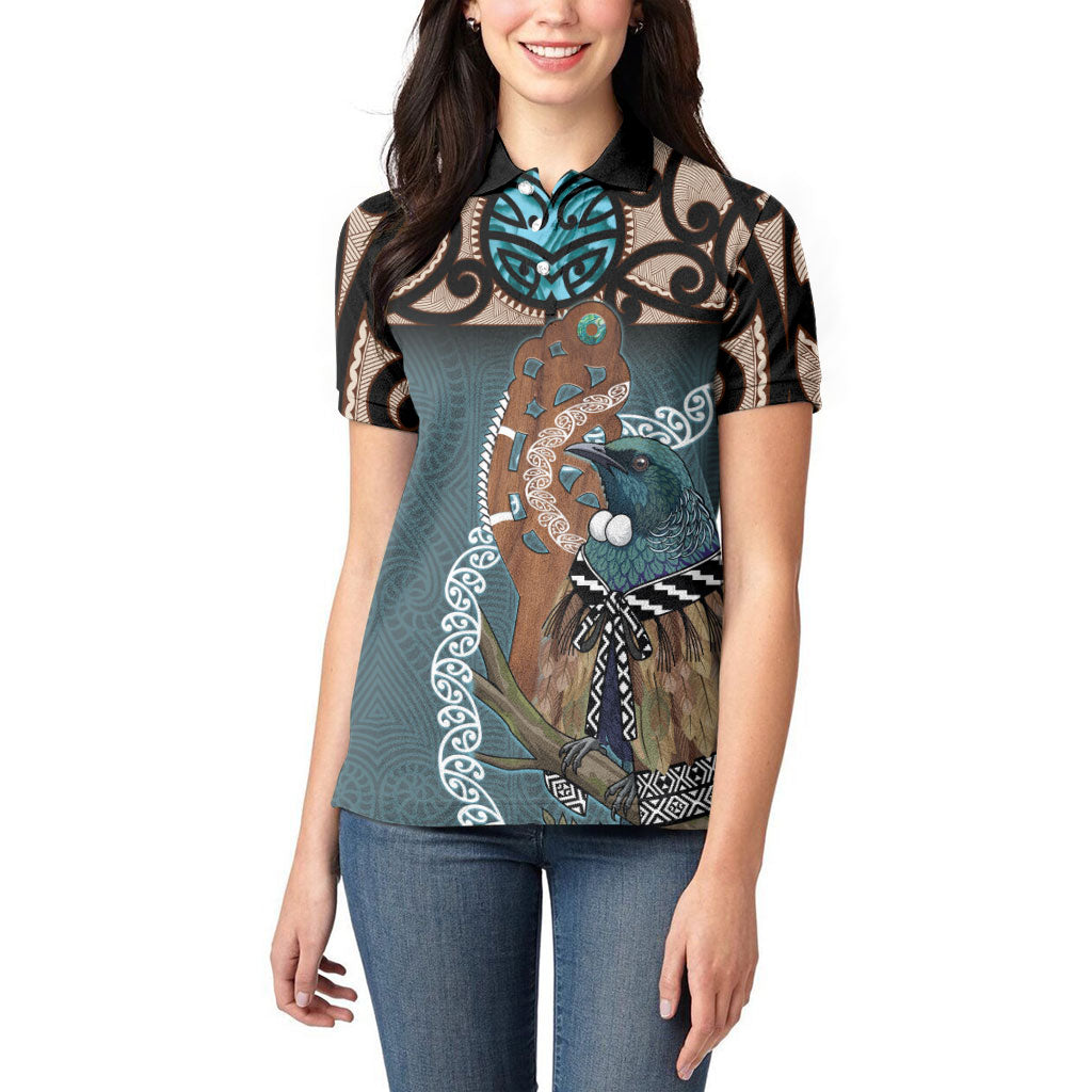 New Zealand Tui Bird Maripi Women Polo Shirt Maori Weapon Kowhaiwhai Pattern LT22 - Polynesian Pride