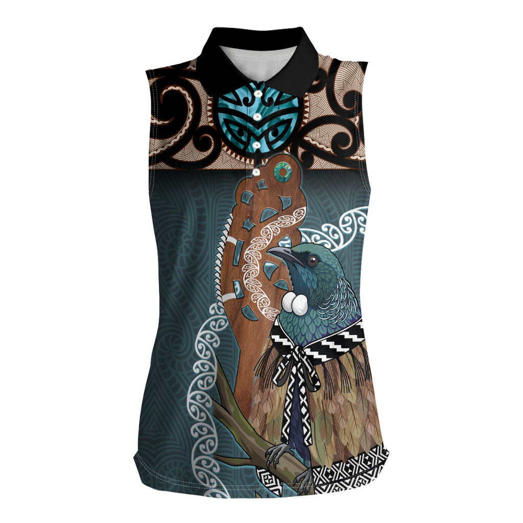 New Zealand Tui Bird Maripi Women Sleeveless Polo Shirt Maori Weapon Kowhaiwhai Pattern LT22 Female Slate Blue - Polynesian Pride
