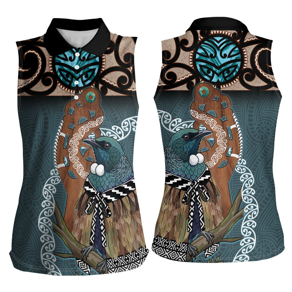 New Zealand Tui Bird Maripi Women Sleeveless Polo Shirt Maori Weapon Kowhaiwhai Pattern LT22 - Polynesian Pride