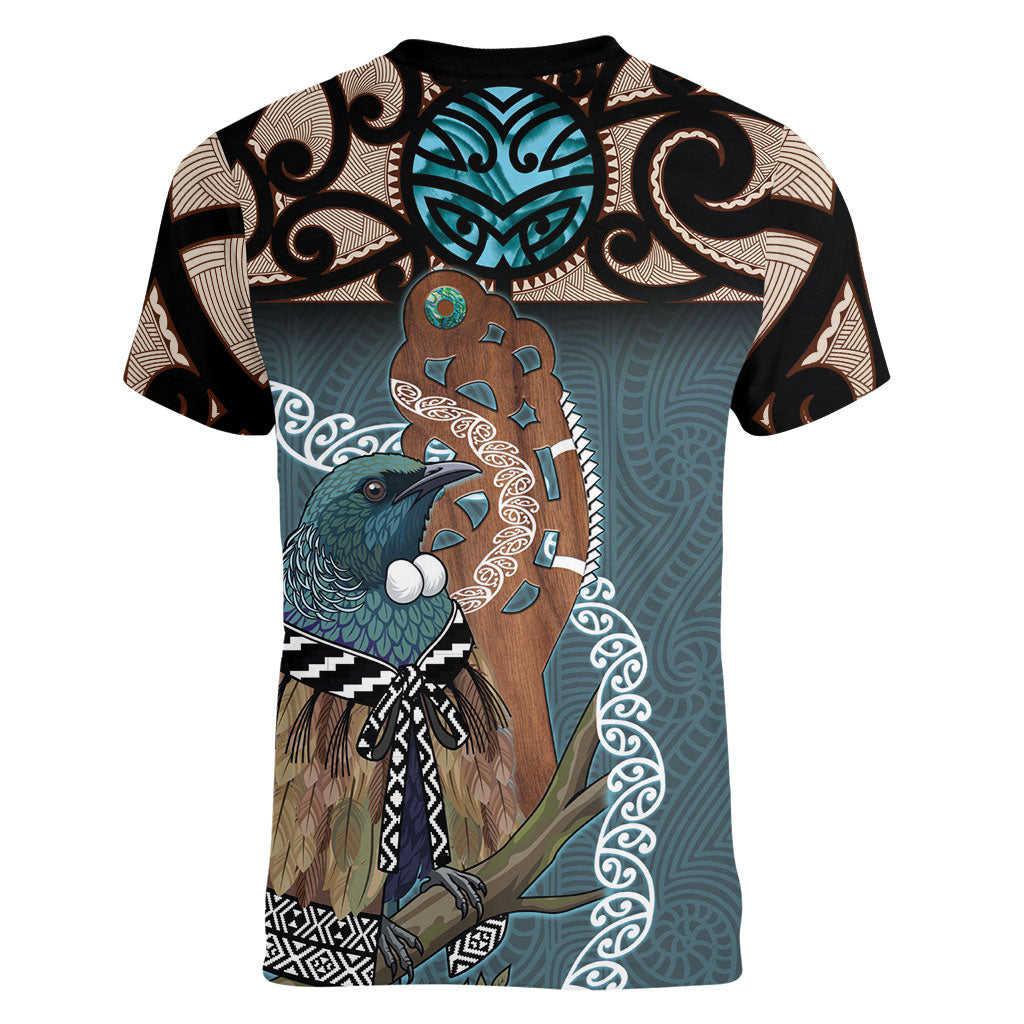 New Zealand Tui Bird Maripi Women V-Neck T-Shirt Maori Weapon Kowhaiwhai Pattern LT22 - Polynesian Pride
