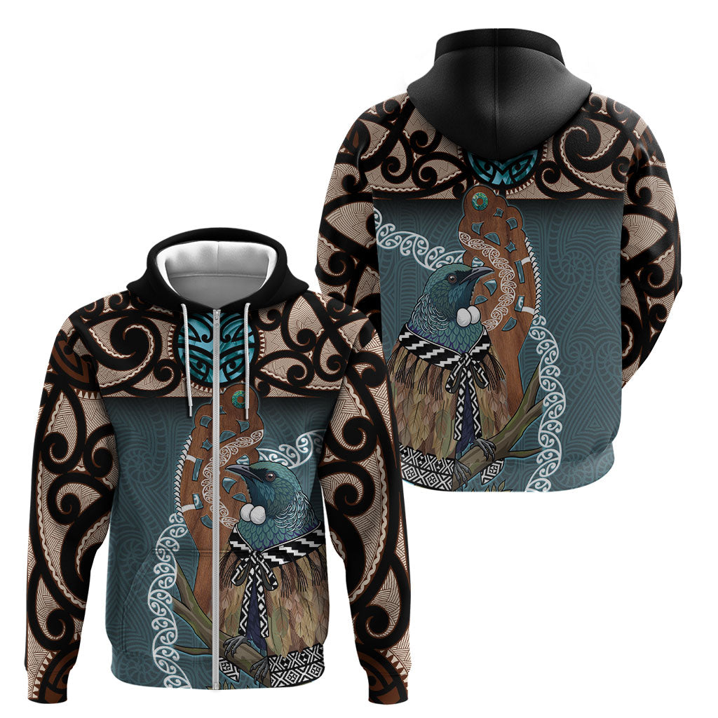 New Zealand Tui Bird Maripi Zip Hoodie Maori Weapon Kowhaiwhai Pattern LT22 - Polynesian Pride