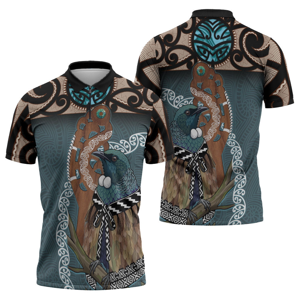 New Zealand Tui Bird Maripi Zipper Polo Shirt Maori Weapon Kowhaiwhai Pattern LT22 - Polynesian Pride