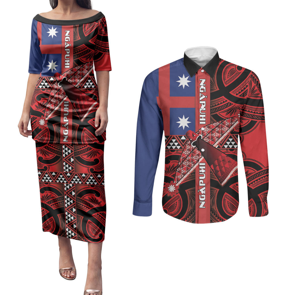 Aotearoa Iwi Ngapuhi Couples Matching Puletasi and Long Sleeve Button Shirt Tuhoronuku Kite United Tribes Flag Maori Pattern LT22 Red - Polynesian Pride