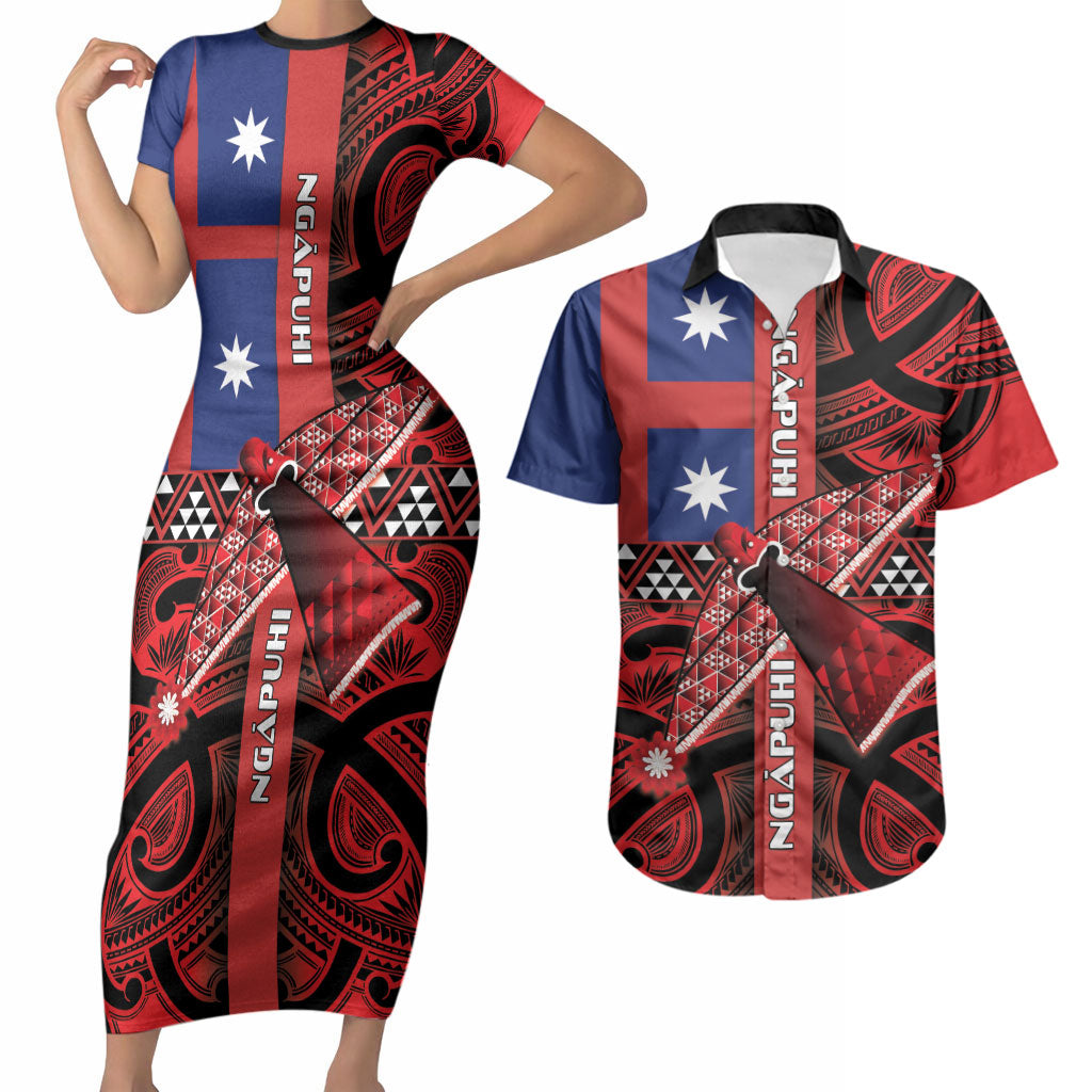Aotearoa Iwi Ngapuhi Couples Matching Short Sleeve Bodycon Dress and Hawaiian Shirt Tuhoronuku Kite United Tribes Flag Maori Pattern LT22 Red - Polynesian Pride