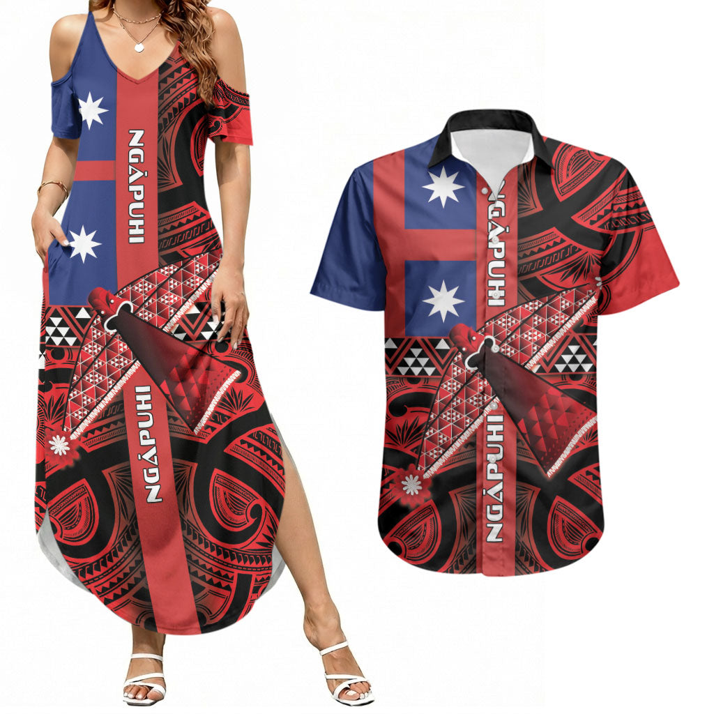 Aotearoa Iwi Ngapuhi Couples Matching Summer Maxi Dress and Hawaiian Shirt Tuhoronuku Kite United Tribes Flag Maori Pattern LT22 Red - Polynesian Pride