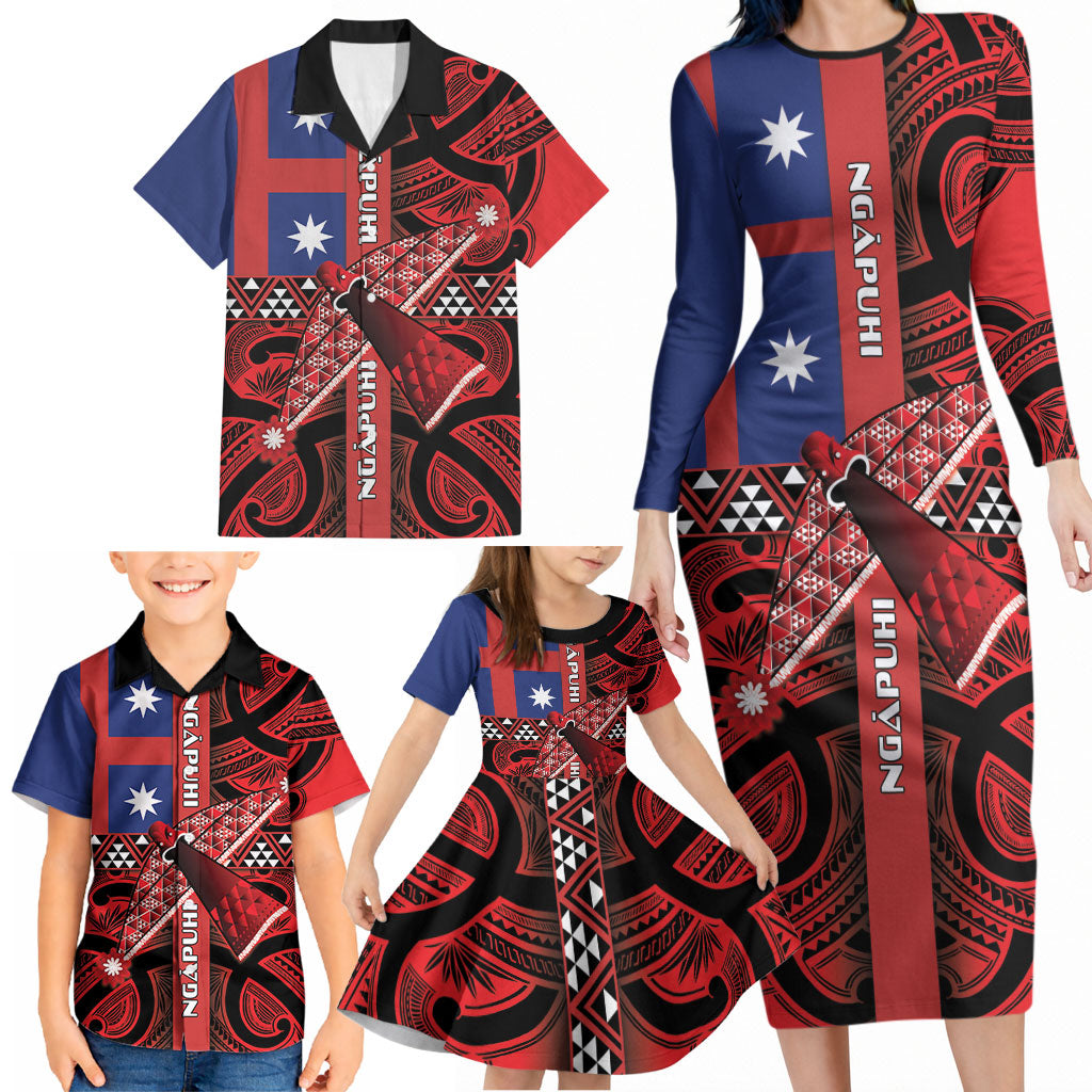 Aotearoa Iwi Ngapuhi Family Matching Long Sleeve Bodycon Dress and Hawaiian Shirt Tuhoronuku Kite United Tribes Flag Maori Pattern LT22 - Polynesian Pride