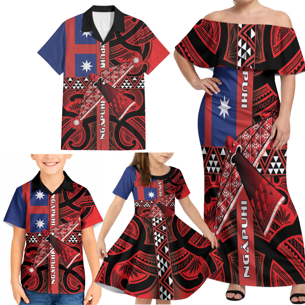Aotearoa Iwi Ngapuhi Family Matching Off Shoulder Maxi Dress and Hawaiian Shirt Tuhoronuku Kite United Tribes Flag Maori Pattern LT22 - Polynesian Pride