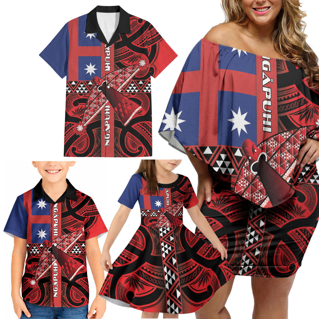 Aotearoa Iwi Ngapuhi Family Matching Off Shoulder Short Dress and Hawaiian Shirt Tuhoronuku Kite United Tribes Flag Maori Pattern LT22 - Polynesian Pride