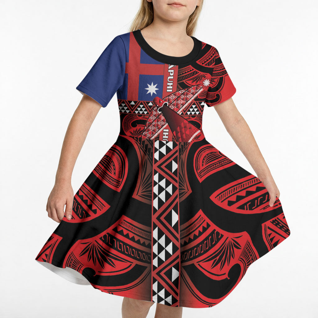 Aotearoa Iwi Ngapuhi Kid Short Sleeve Dress Tuhoronuku Kite United Tribes Flag Maori Pattern LT22 - Polynesian Pride