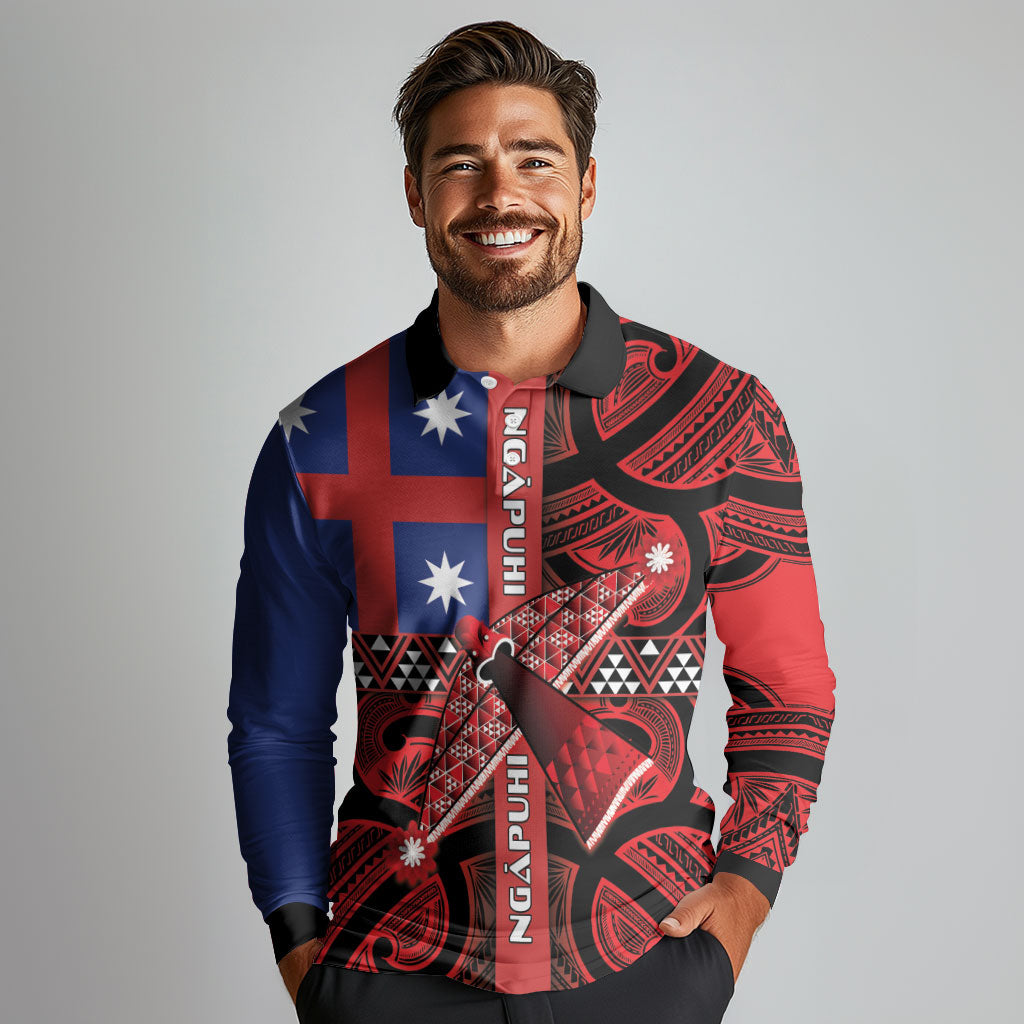 Aotearoa Iwi Ngapuhi Long Sleeve Polo Shirt Tuhoronuku Kite United Tribes Flag Maori Pattern LT22 - Polynesian Pride