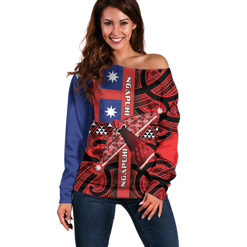 Aotearoa Iwi Ngapuhi Off Shoulder Sweater Tuhoronuku Kite United Tribes Flag Maori Pattern