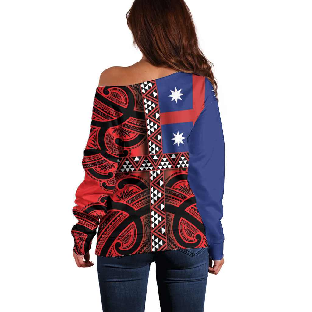 Aotearoa Iwi Ngapuhi Off Shoulder Sweater Tuhoronuku Kite United Tribes Flag Maori Pattern LT22 - Polynesian Pride