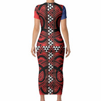 Aotearoa Iwi Ngapuhi Short Sleeve Bodycon Dress Tuhoronuku Kite United Tribes Flag Maori Pattern LT22 - Polynesian Pride