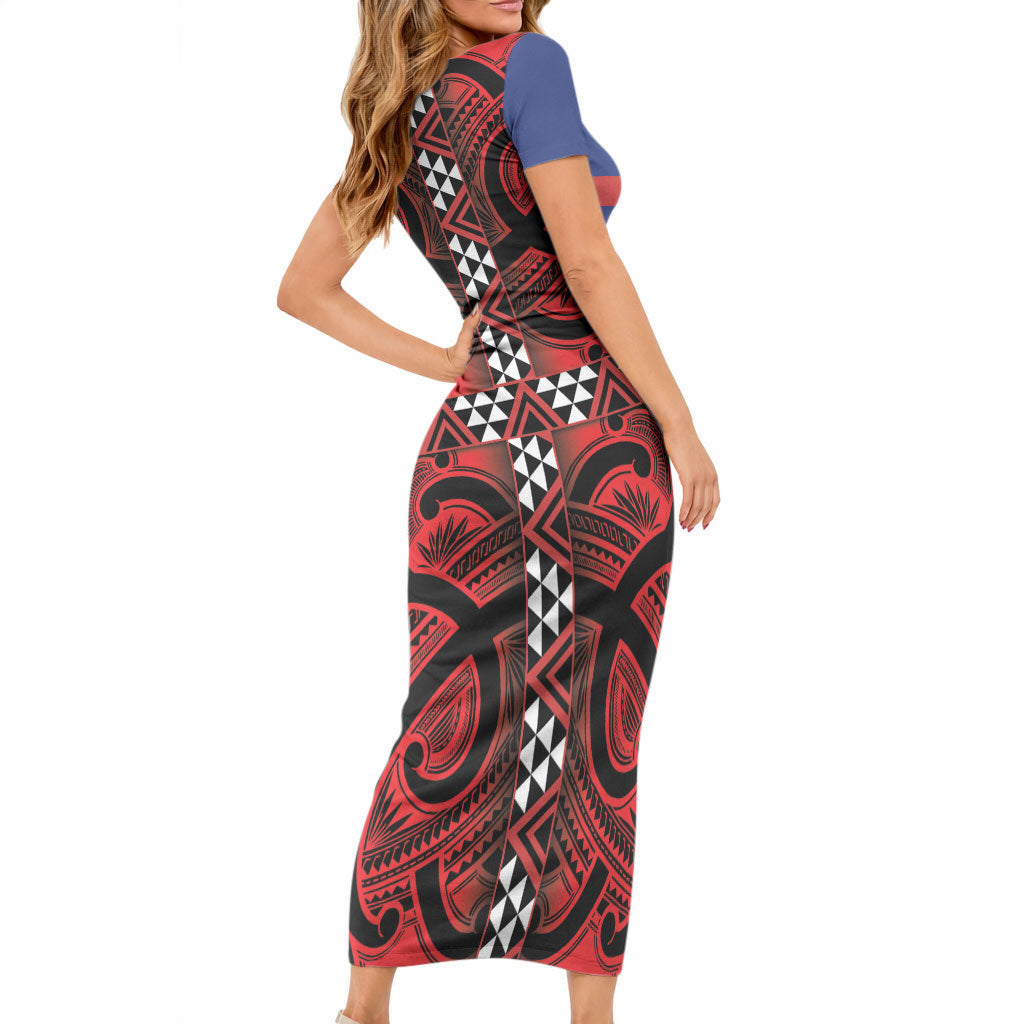 Aotearoa Iwi Ngapuhi Short Sleeve Bodycon Dress Tuhoronuku Kite United Tribes Flag Maori Pattern LT22 - Polynesian Pride