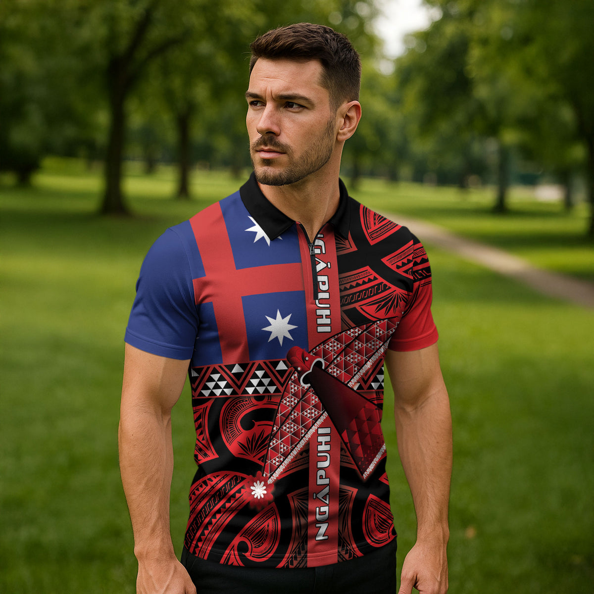 Aotearoa Iwi Ngapuhi Zipper Polo Shirt Tuhoronuku Kite United Tribes Flag Maori Pattern LT22 - Polynesian Pride