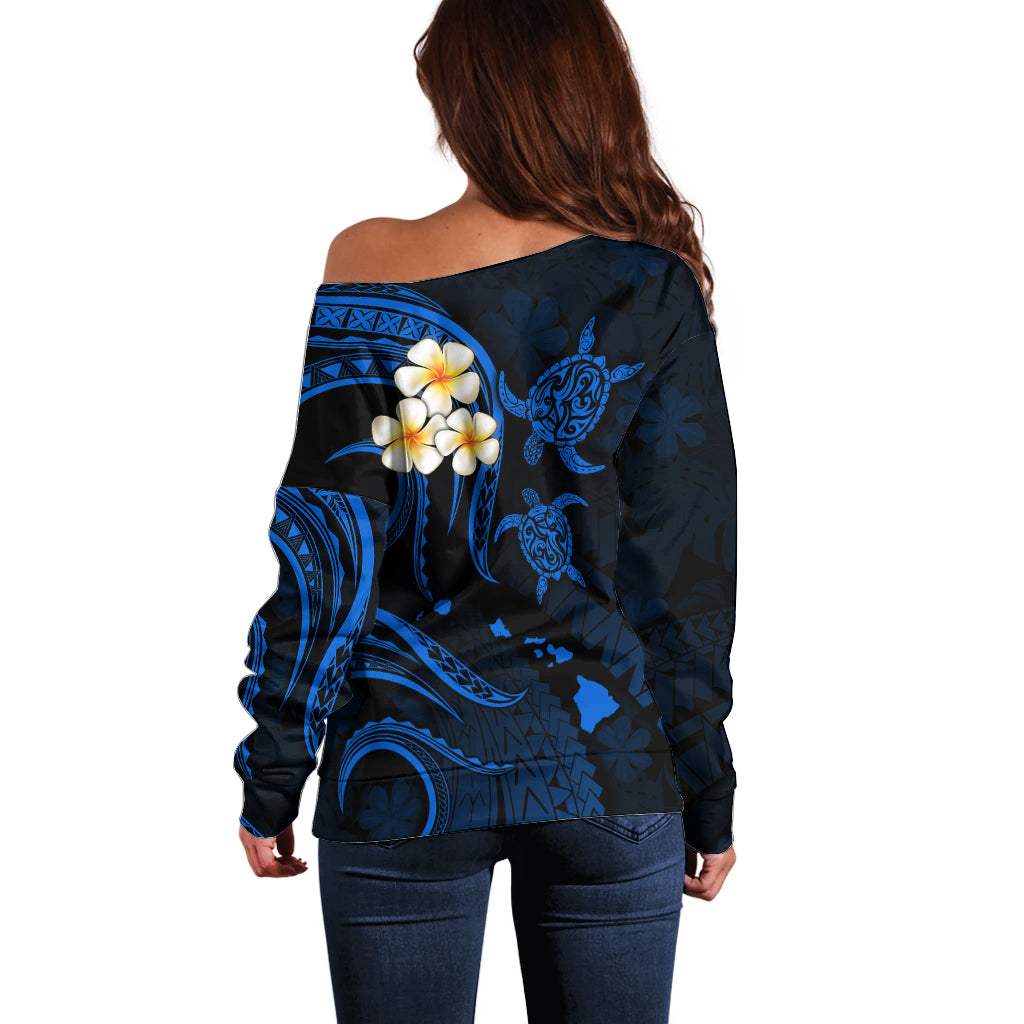 Personalised Molokai Hawaii Off Shoulder Sweater Polynesian Tattoo and Pacific Plumeria Blue Vibe LT9 - Polynesian Pride