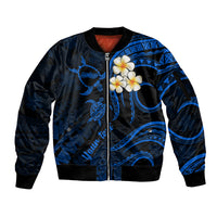 Personalised Molokai Hawaii Sleeve Zip Bomber Jacket Polynesian Tattoo and Pacific Plumeria Blue Vibe LT9 Unisex Blue - Polynesian Pride