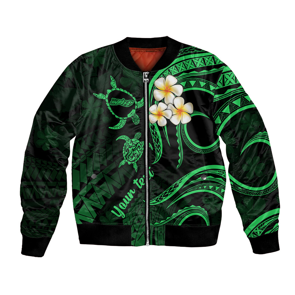 Personalised Molokai Hawaii Bomber Jacket Polynesian Tattoo and Pacific Plumeria Green Vibe LT9 Unisex Green - Polynesian Pride