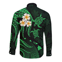 Personalised Molokai Hawaii Long Sleeve Button Shirt Polynesian Tattoo and Pacific Plumeria Green Vibe LT9 - Polynesian Pride