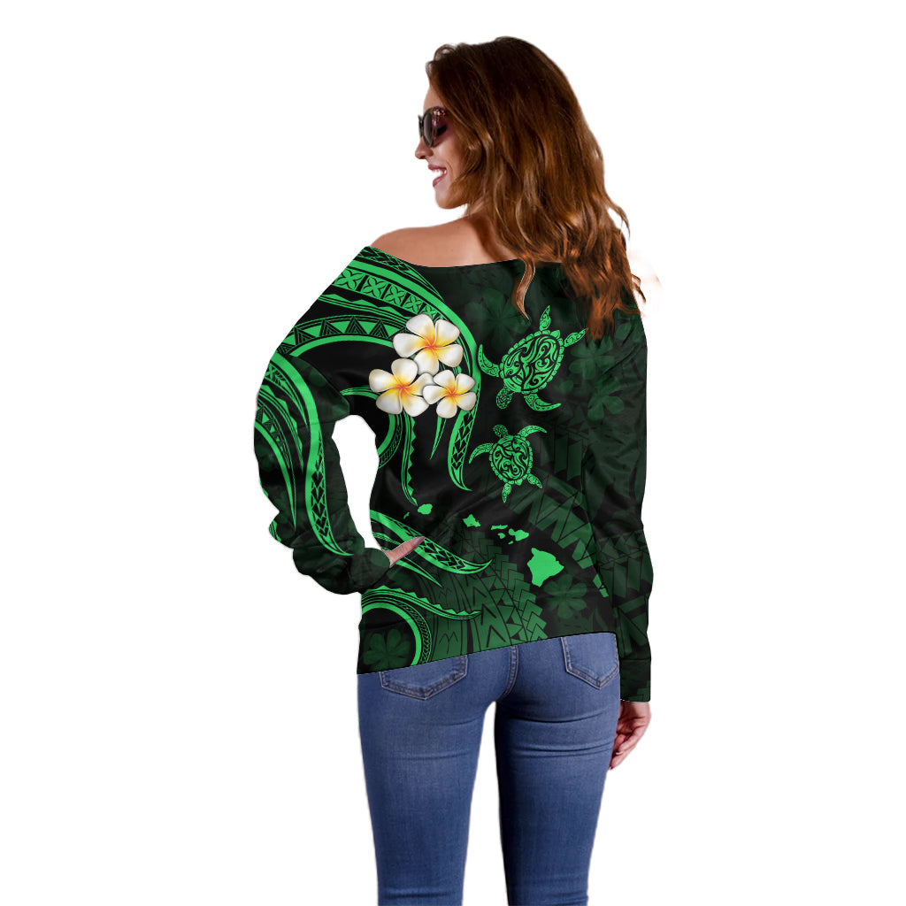 Personalised Molokai Hawaii Off Shoulder Sweater Polynesian Tattoo and Pacific Plumeria Green Vibe LT9 - Polynesian Pride