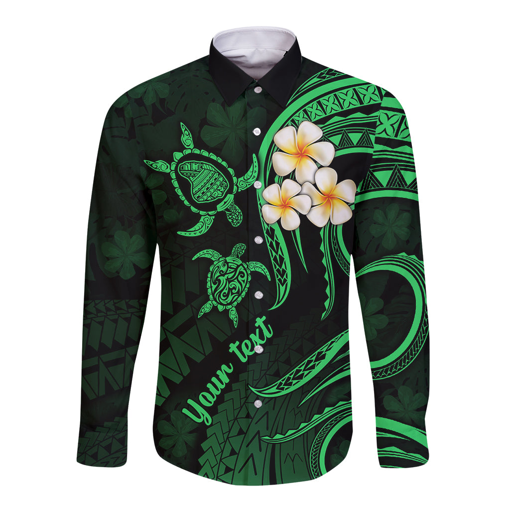 Personalised Lanai Hawaii Long Sleeve Button Shirt Polynesian Tattoo and Pacific Plumeria Green Vibe LT9 Unisex Green - Polynesian Pride