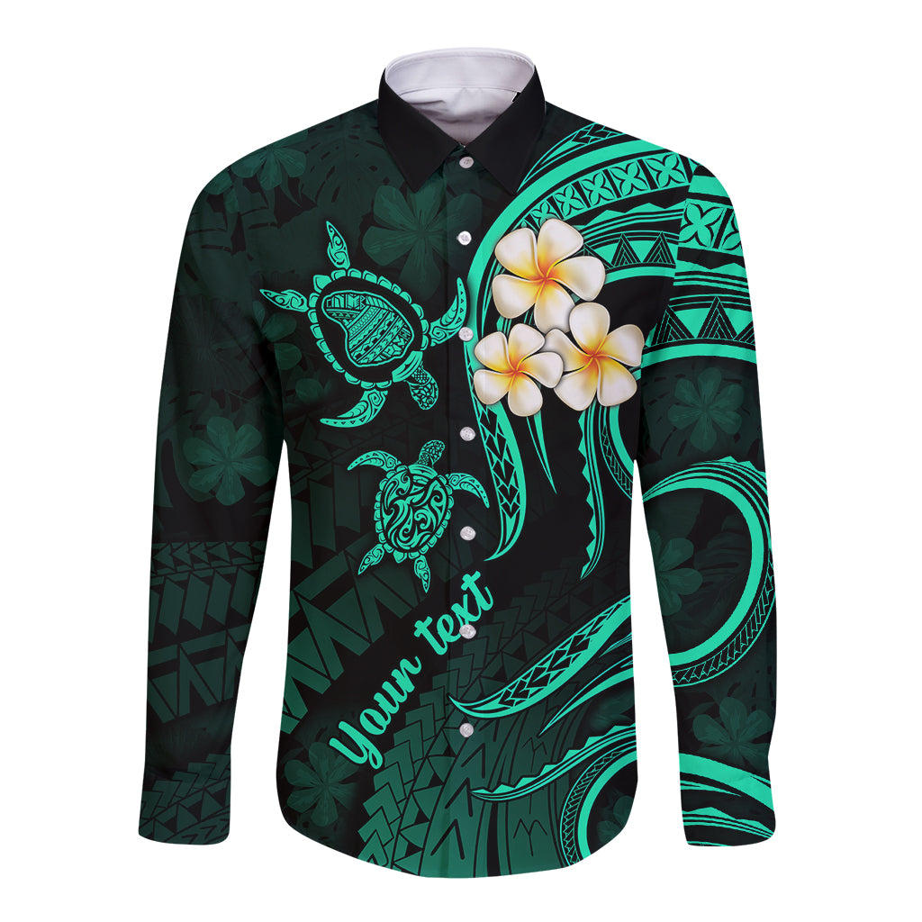 Personalised Lanai Hawaii Long Sleeve Button Shirt Polynesian Tattoo and Pacific Plumeria Turquoise Vibe LT9 Unisex Turquoise - Polynesian Pride