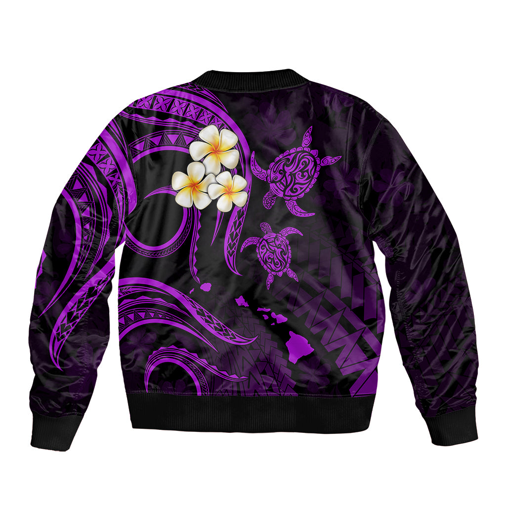 Personalised Kauai Hawaii Bomber Jacket Polynesian Tattoo and Pacific Plumeria Purple Vibe LT9 - Polynesian Pride