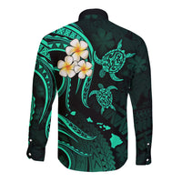 Personalised Kauai Hawaii Long Sleeve Button Shirt Polynesian Tattoo and Pacific Plumeria Turquoise Vibe LT9 - Polynesian Pride