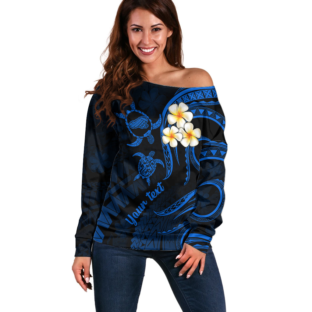 Personalised Kahoolawe Hawaii Off Shoulder Sweater Polynesian Tattoo and Pacific Plumeria Blue Vibe LT9 Women Blue - Polynesian Pride