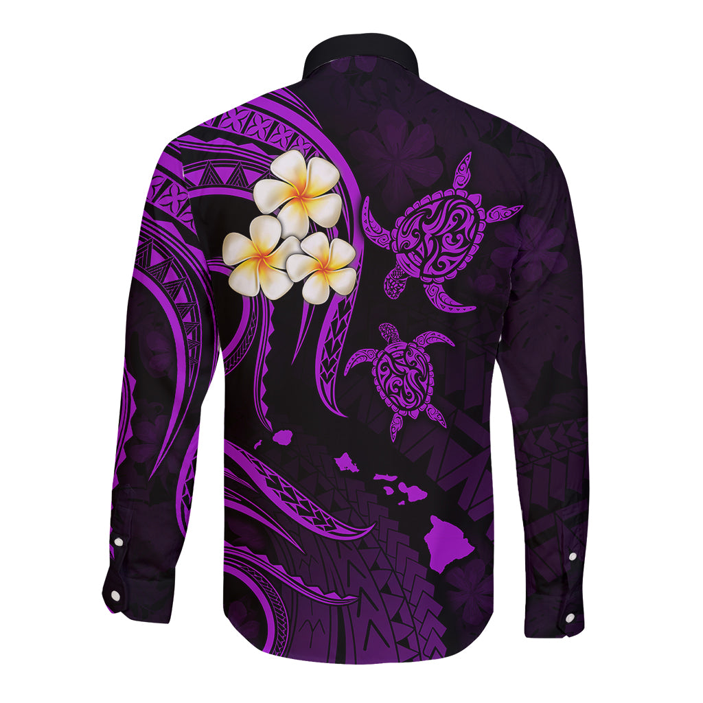 Personalised Kahoolawe Hawaii Long Sleeve Button Shirt Polynesian Tattoo and Pacific Plumeria Purple Vibe LT9 - Polynesian Pride