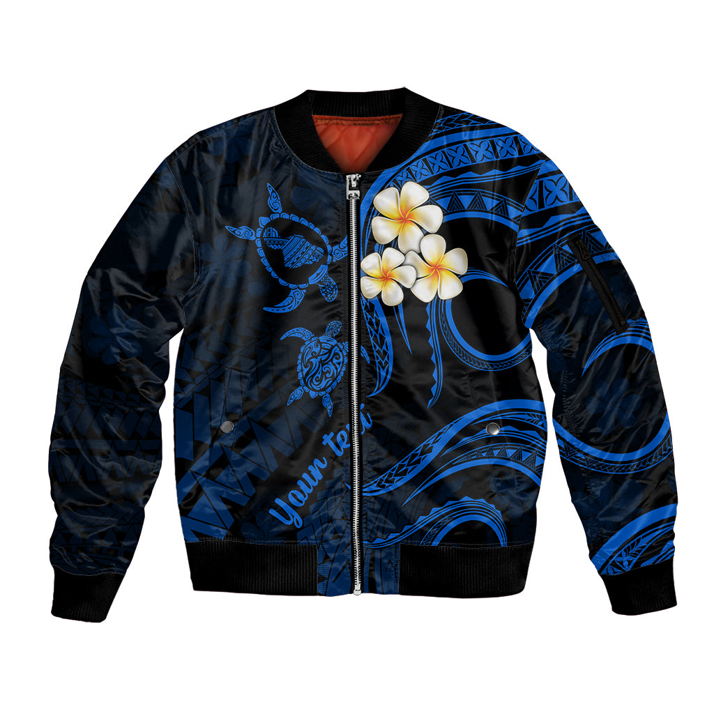 Personalised Maui Hawaii Sleeve Zip Bomber Jacket Polynesian Tattoo and Pacific Plumeria Blue Vibe LT9 Unisex Blue - Polynesian Pride