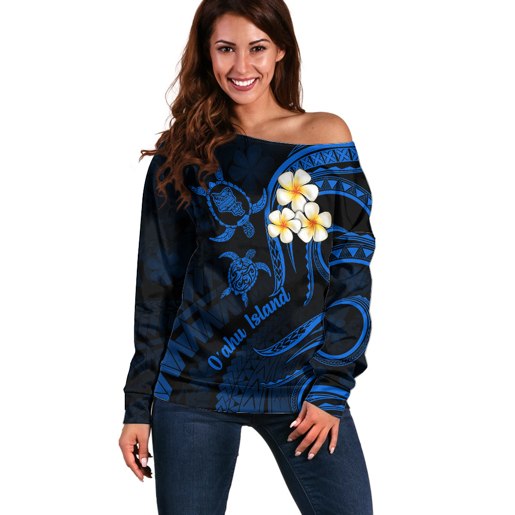 Hawaii Off Shoulder Sweater Oahu Islands Pacific Plumeria Blue Vibe LT9 Women Blue - Polynesian Pride