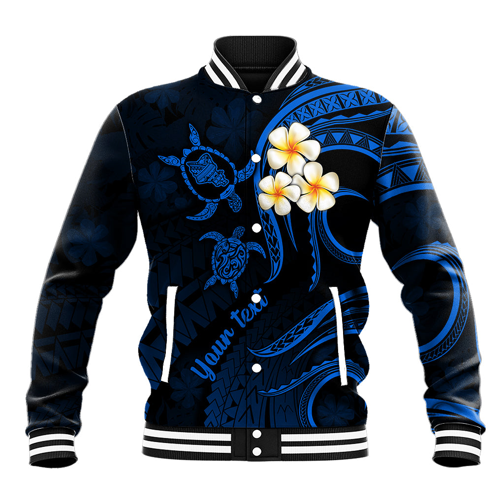 Personalised Oahu Hawaii Baseball Jacket Polynesian Tattoo and Pacific Plumeria Blue Vibe LT9 Unisex Blue - Polynesian Pride