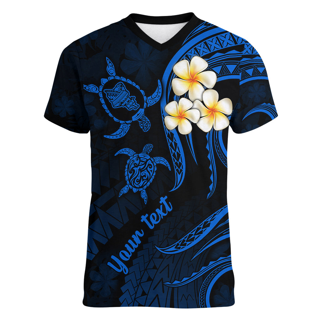 Personalised Oahu Hawaii Women V Neck T Shirt Polynesian Tattoo and Pacific Plumeria Blue Vibe LT9 Female Blue - Polynesian Pride