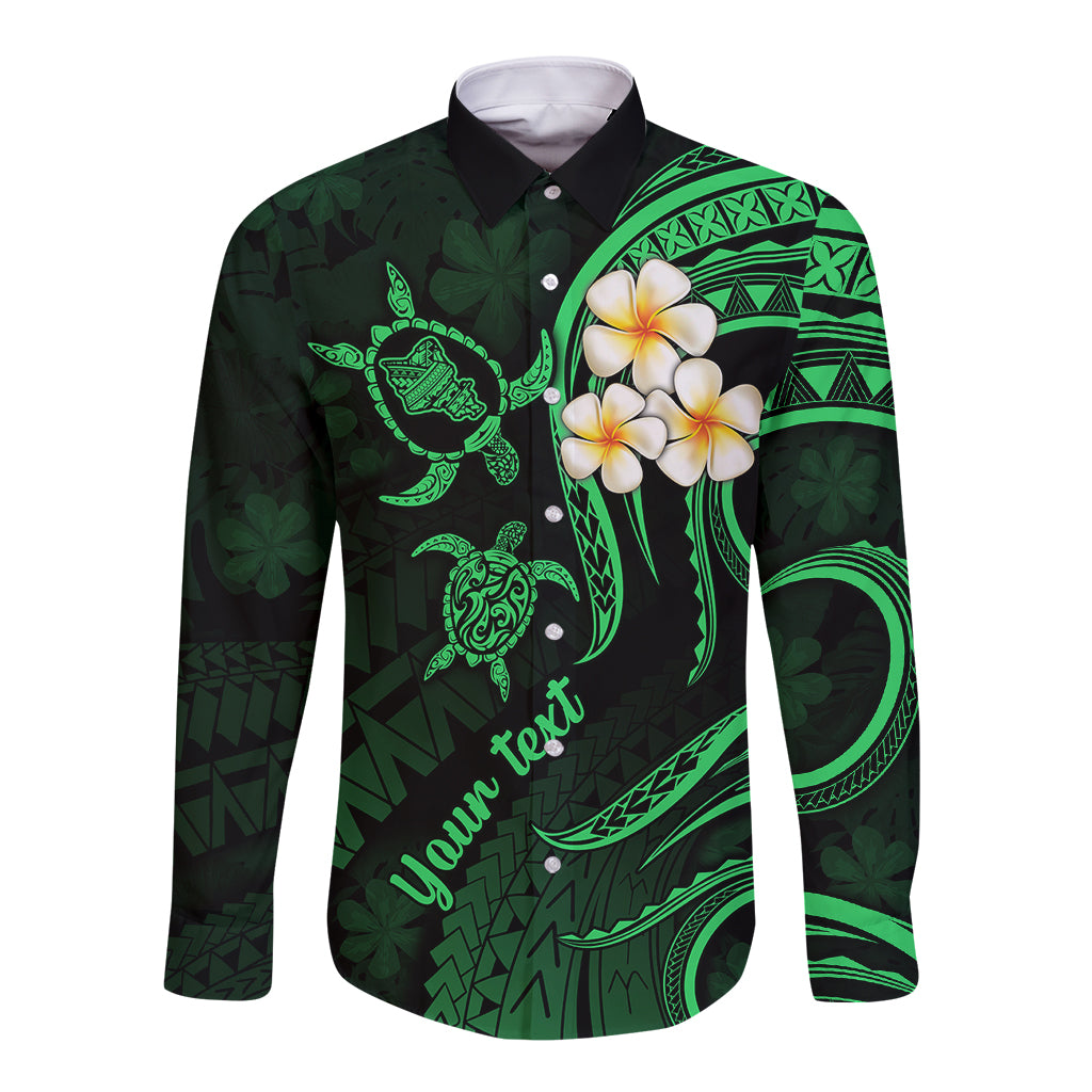 Personalised Oahu Hawaii Long Sleeve Button Shirt Polynesian Tattoo and Pacific Plumeria Green Vibe LT9 Unisex Green - Polynesian Pride
